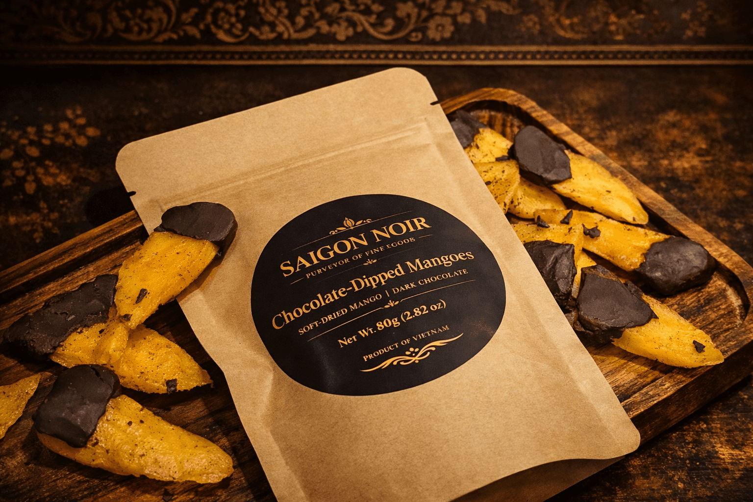Saigon Noir pouch on a wooden board surrounded by chocolate-dipped mango slices